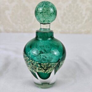 Vintage Regalo Green & Gold Art Glass Perfume Bottle Three Sided Design